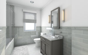 residential bathroom with grey backsplash tile
