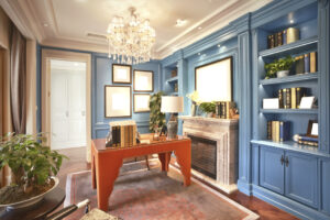 Residential office with fireplace